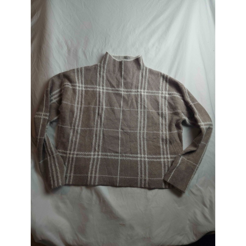 Tahari Mock Neck Sweater Womens XL Taupe Plaid Knit Soft Cozy Minimalist Modern